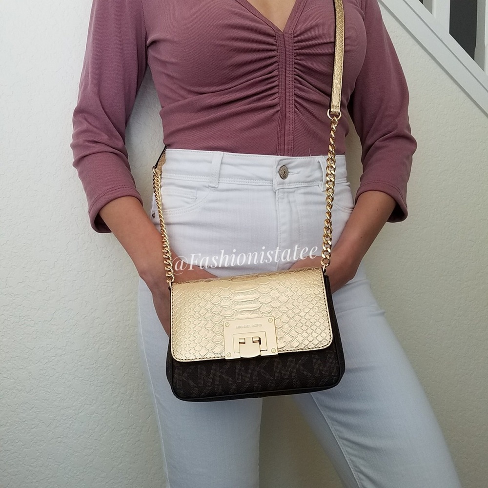 NWT MICHAEL KORS TINA SMALL CLUTCH BROWN CROSSBODY - Picture 1 of 8